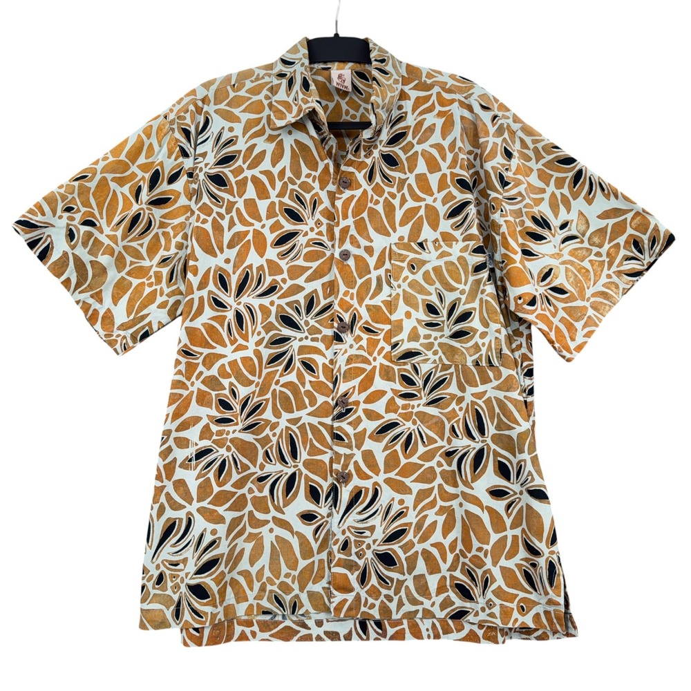Wayan Natural Wear WNW Button Down Mens XL 100% Cotton Orange Abstract Floral